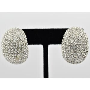 Jarin Vintage Crystal Clip Earrings Rhinestone Pave Silver Shiny Signed BinAZ